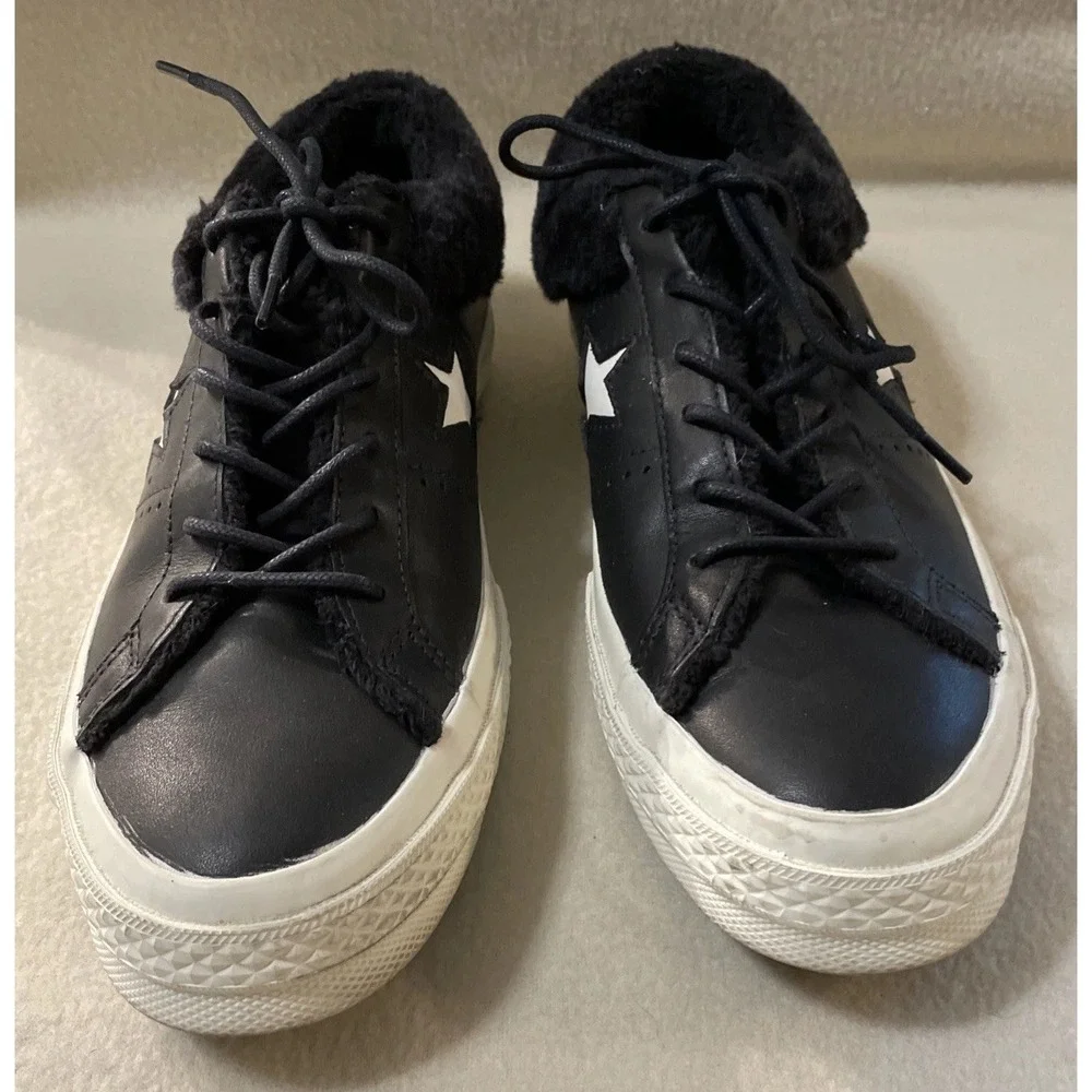 CONVERSE Leather 1 STAR STREET WARMER LINED LOW TOP Men 7 Women 9 162601C Black